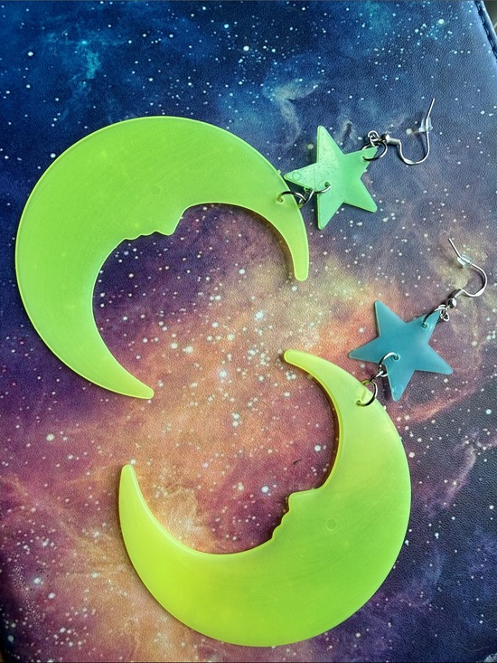 Jewelry - Handmade Glow in the Dark Neon Green Crescent Moon & Star Earrings OOAK y2k 90s